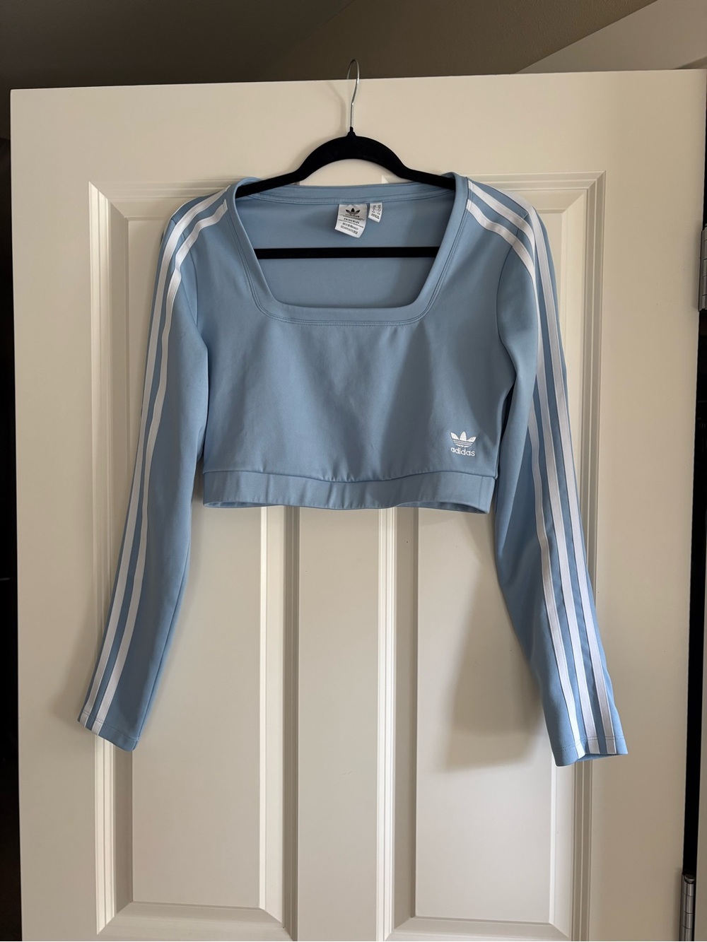 adidas Light Blue Cropped Long-Sleeve Top with White Stripes